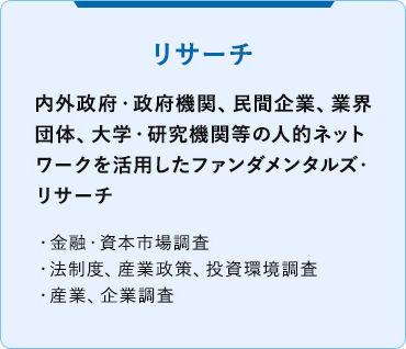 リサーチ：内外政府・政府機関、民間企業、業界団体、大学・研究機関等の人的ネットワークを活用したファンダメンタルズ・リサーチ