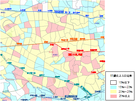 図　東京都杉並区周辺地域の町丁目別高齢化率（65歳以上人口比率）（平成22年）