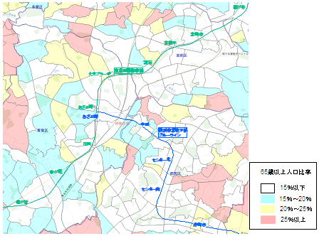 図　横浜市都筑区周辺地域の町丁目別高齢化率（65歳以上人口比率）（平成22年）