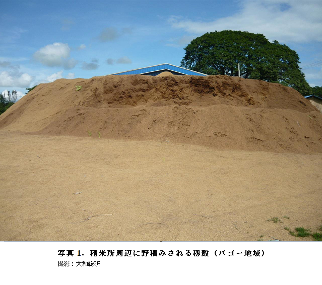 精米所周辺に野積みされる籾殻(バゴー地域)