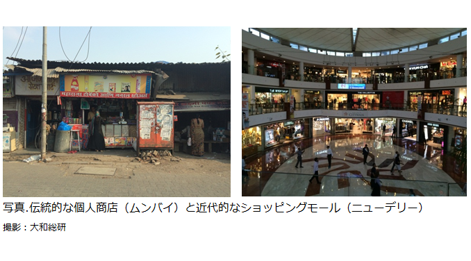 伝統的な個人商店(ムンバイ)と近代的なショッピングモール(ニューデリー)